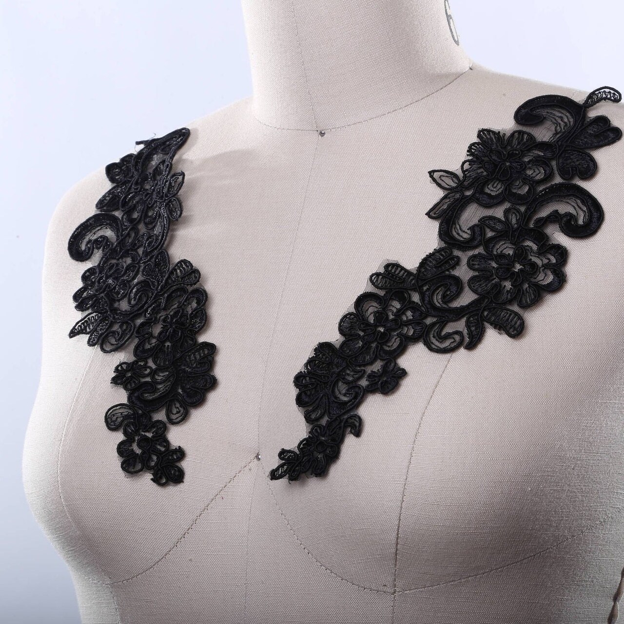 Black Alencon Lace Applique Pair with 9 X 3 Inch Mirrored Design